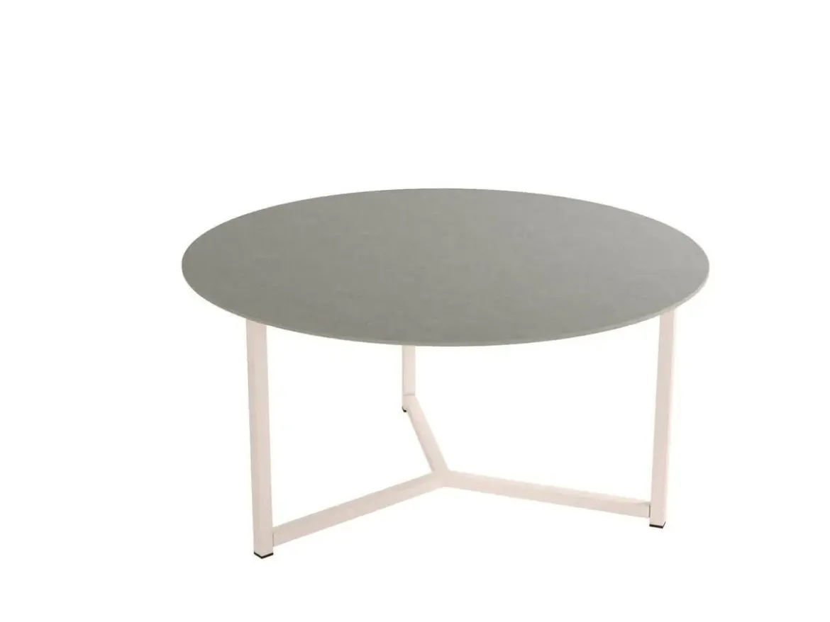 Mesa de centro redonda con estructura metálica marfil y sobre porcelánico acabado piedra BALEAR