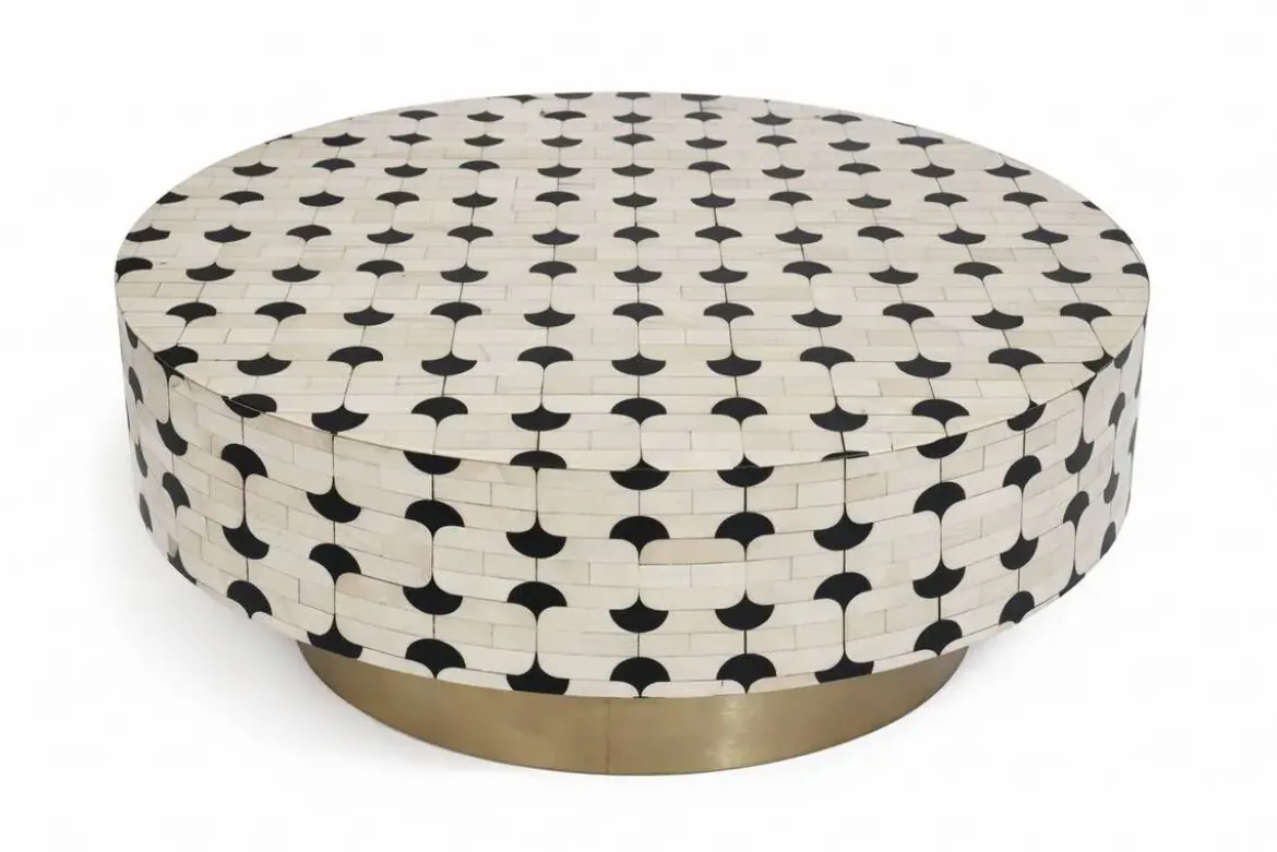 Mesa de Centro Redonda de Hueso con Taracea Bicolor MB-228443
