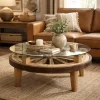 Mesa de Centro Redonda de Madera y Cristal Tipo Rueda MB-227816