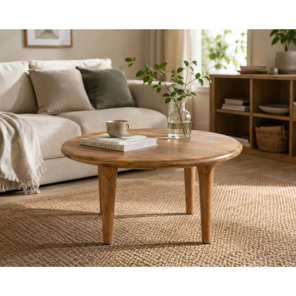 Mesa de Centro Redonda de Madera de Mango Marrón MB-223557