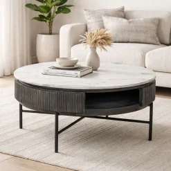 Mesa de Centro Redonda de Mango Negro con Mármol MB-201161