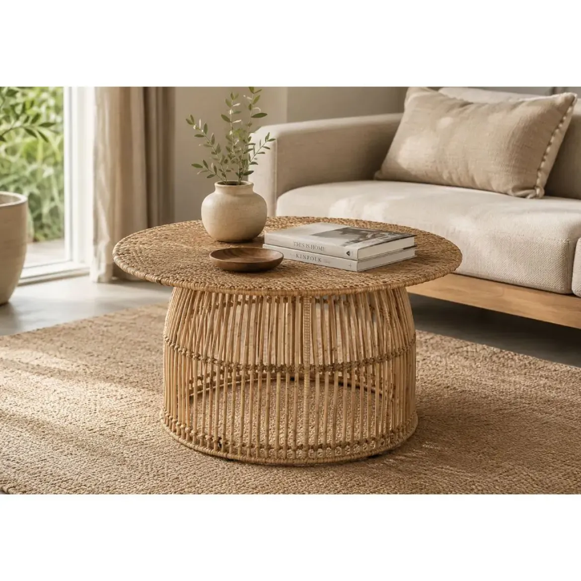 Mesa de Centro Redonda de Ratán Natural con Estructura de Acero MB-215355