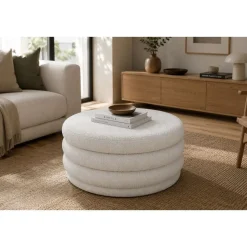 Mesa de Centro Redonda Tapizada con Baúl en Poliéster Blanco MB-217366