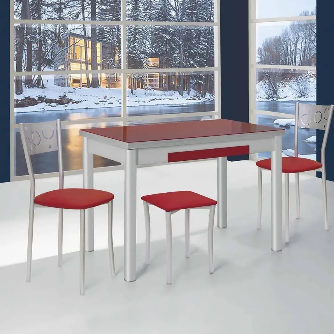 Mesa de Cocina Extensible Alas con Tablero de Cristal LEÓN 914/AL