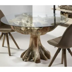 Mesa de Comedor con Raíz de Teka Maciza y Vidrio 32-125