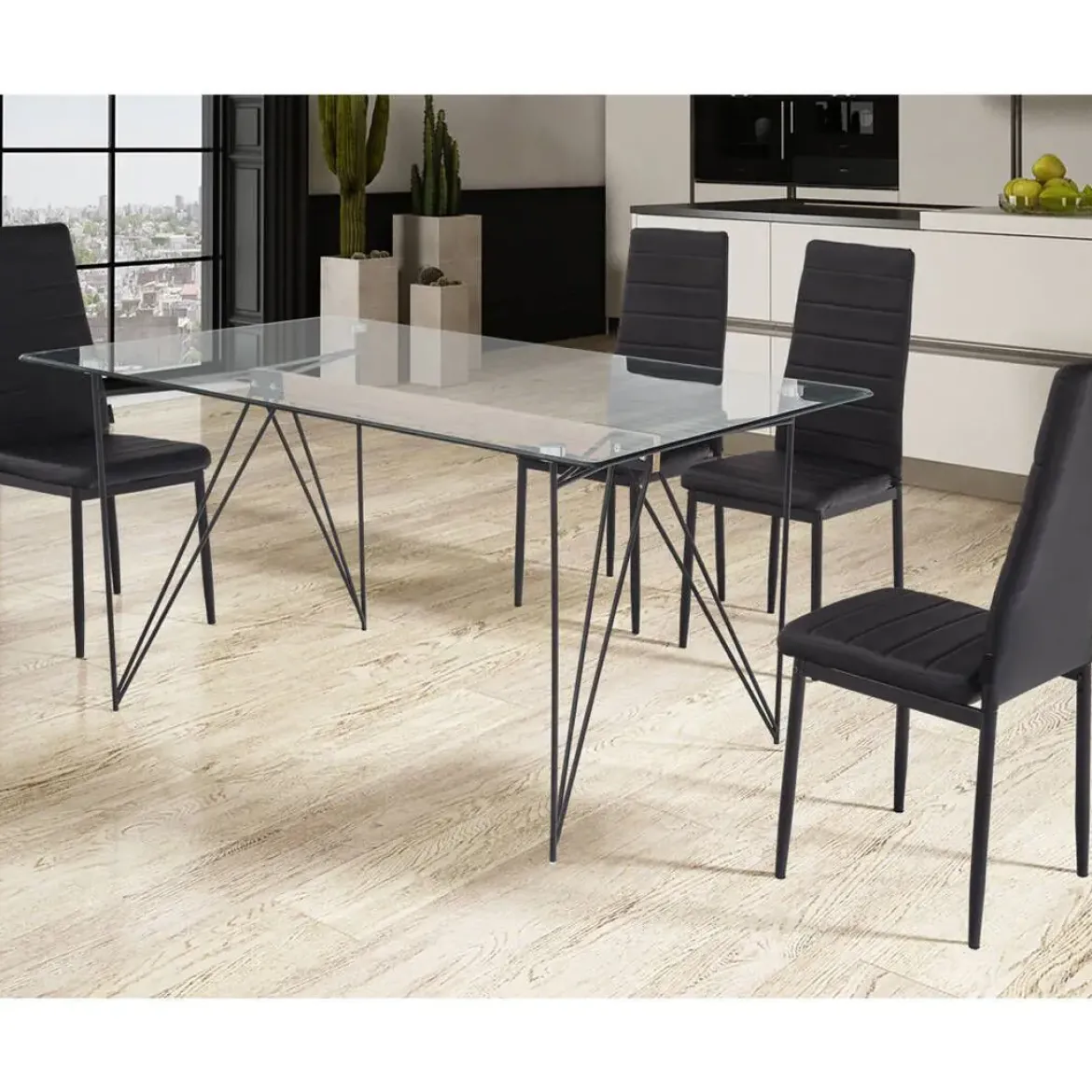 Mesa de Comedor de Cristal con Acero Negro BUCLE