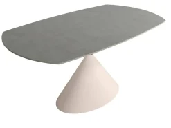 Mesa de Comedor Extensible Ovalada Estructura Metálica Marfil Sobre de Porcelánico Acabado Piedra RIN