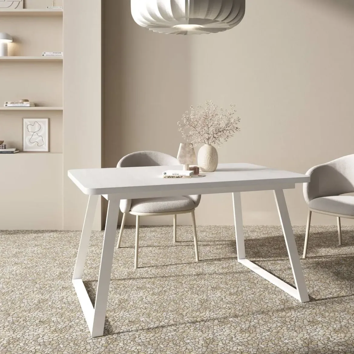 Mesa de Comedor Extensible Rectangular de Melamina con Patas Metálicas Trapecio M822