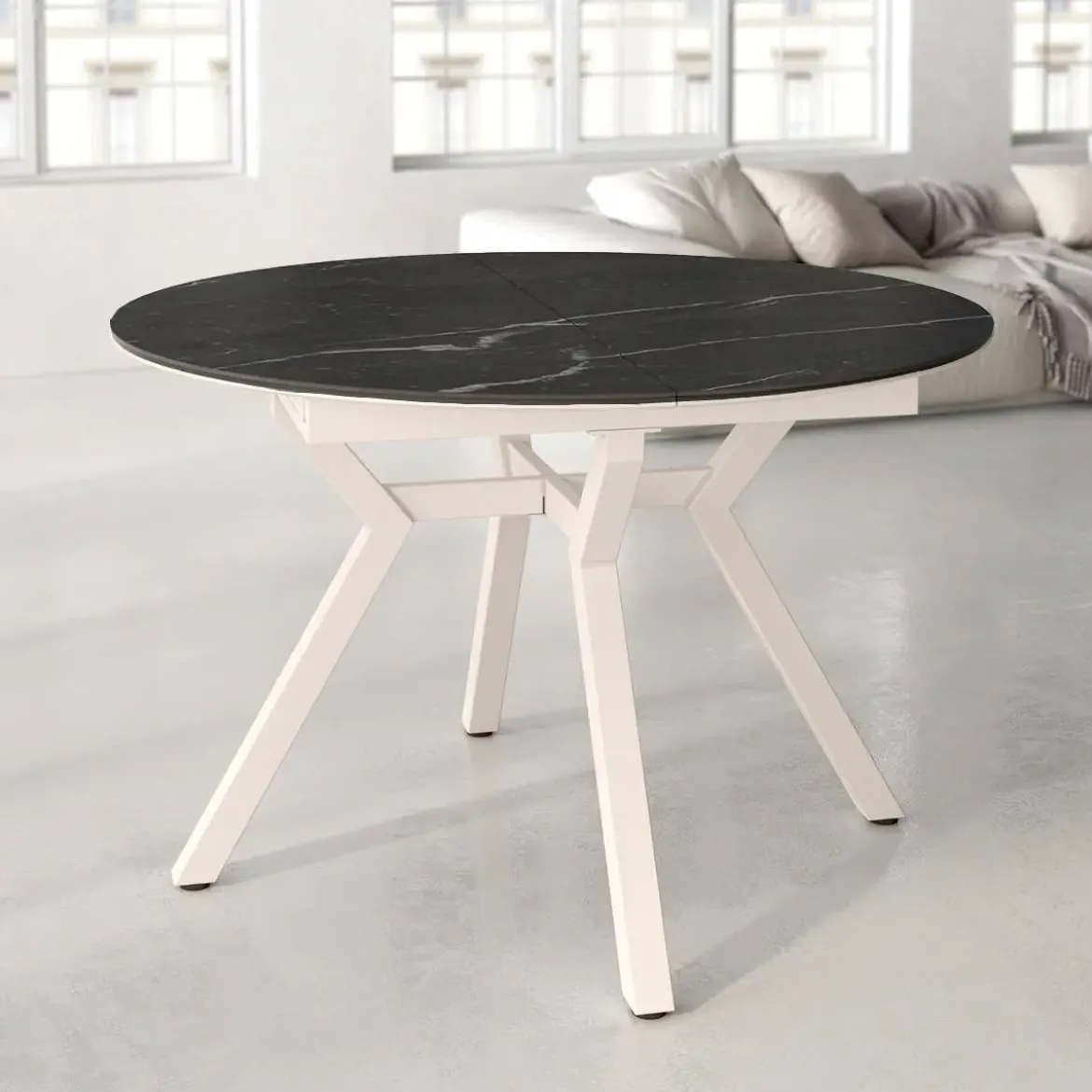 Mesa de Comedor Extensible Redonda 120 cm Marfil con Tablero Porcelánico ROSS