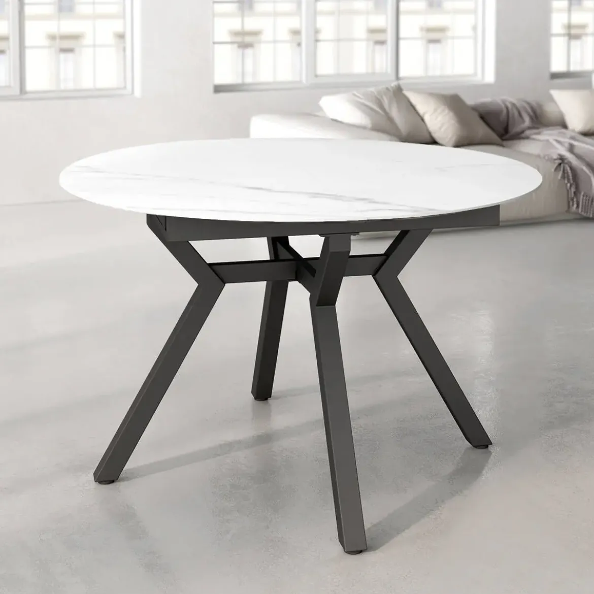 Mesa de Comedor Extensible Redonda 120 cm Negra con Tablero Porcelánico ROSS