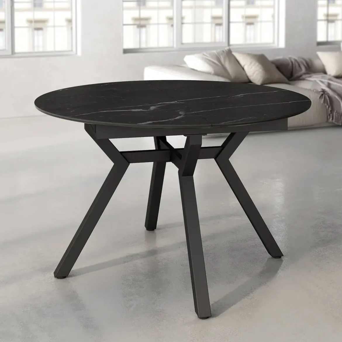 Mesa de Comedor Extensible Redonda 120 cm Negra con Tablero Porcelánico ROSS