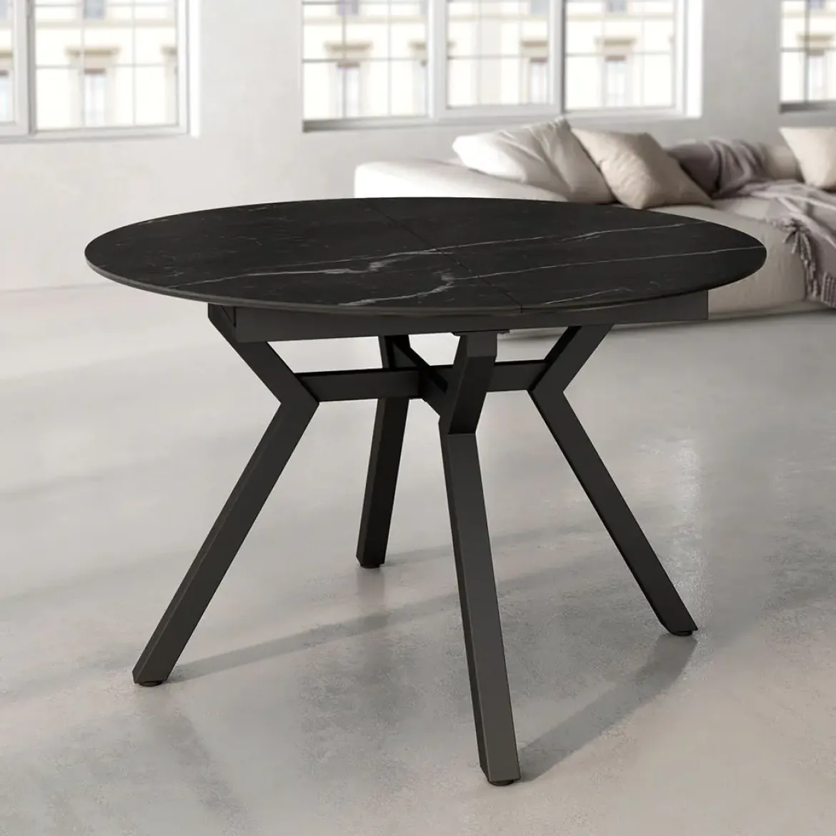 Mesa de Comedor Extensible Redonda 120 cm Negra con Tablero Porcelánico ROSS