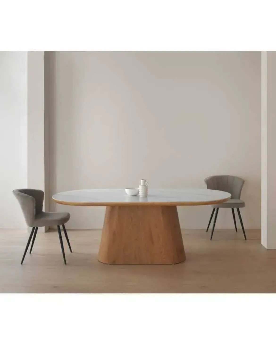 Mesa de Comedor Oval en Roble y MDF con Encimera Mármol CALACATTA 11417