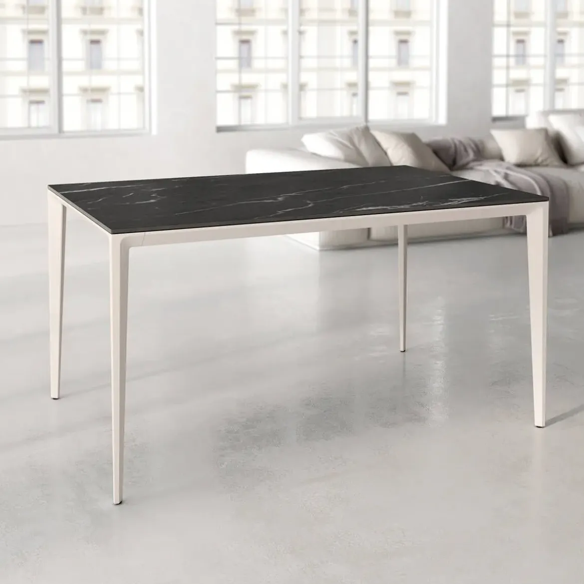 Mesa de Comedor Rectangular 160 cm Porcelánico y Metal Marfil Cortés