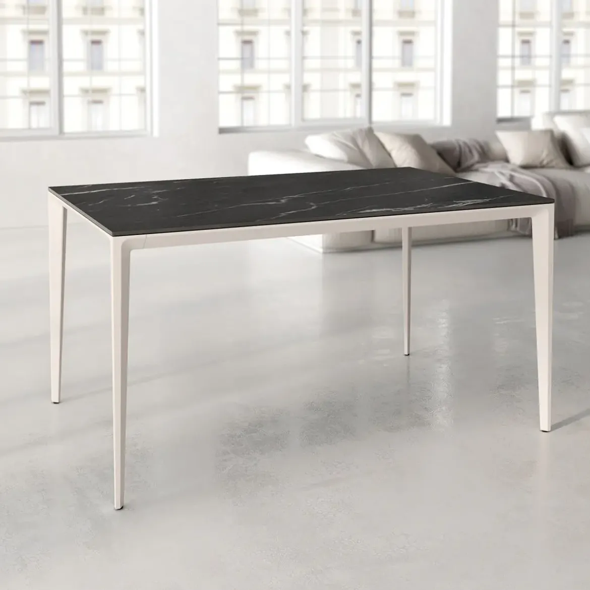 Mesa de Comedor Rectangular 180 cm Porcelánico y Metal Marfil Cortés