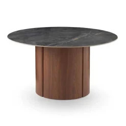 Mesa de Comedor Redonda 140 cm Nogal con Sobre Cerámico Mármol Gris GABAR 11609