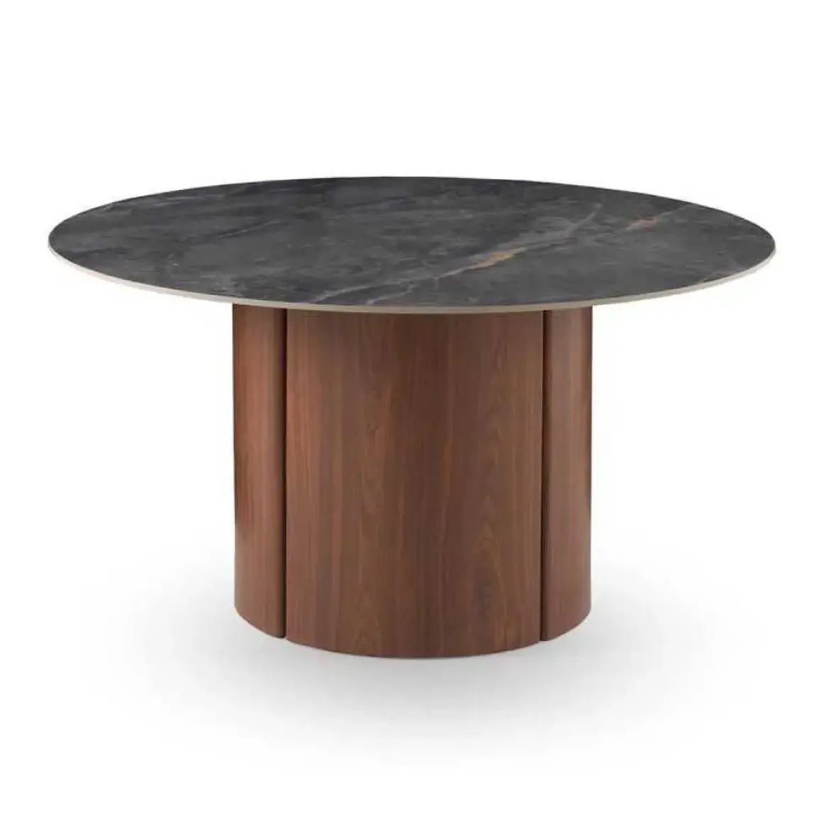 Mesa de Comedor Redonda 140 cm Nogal con Sobre Cerámico Mármol Gris GABAR 11609
