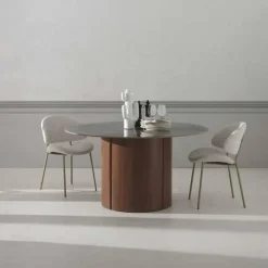 Mesa de Comedor Redonda 140 cm Nogal con Sobre Cerámico Mármol Gris GABAR 11609