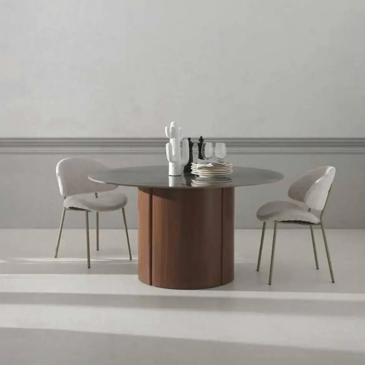 Mesa de Comedor Redonda 140 cm Nogal con Sobre Cerámico Mármol Gris GABAR 11609