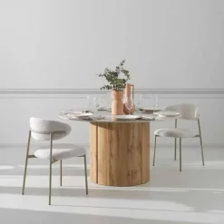 Mesa de Comedor Redonda 140 cm Roble con Sobre Cerámico Mármol Calacatta GABAR 11608