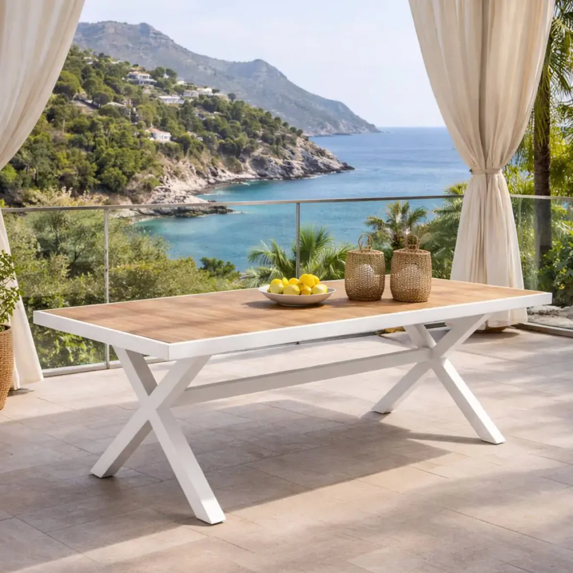 Mesa de Jardín Blanca Cerámica Imitación Madera GALICIA
