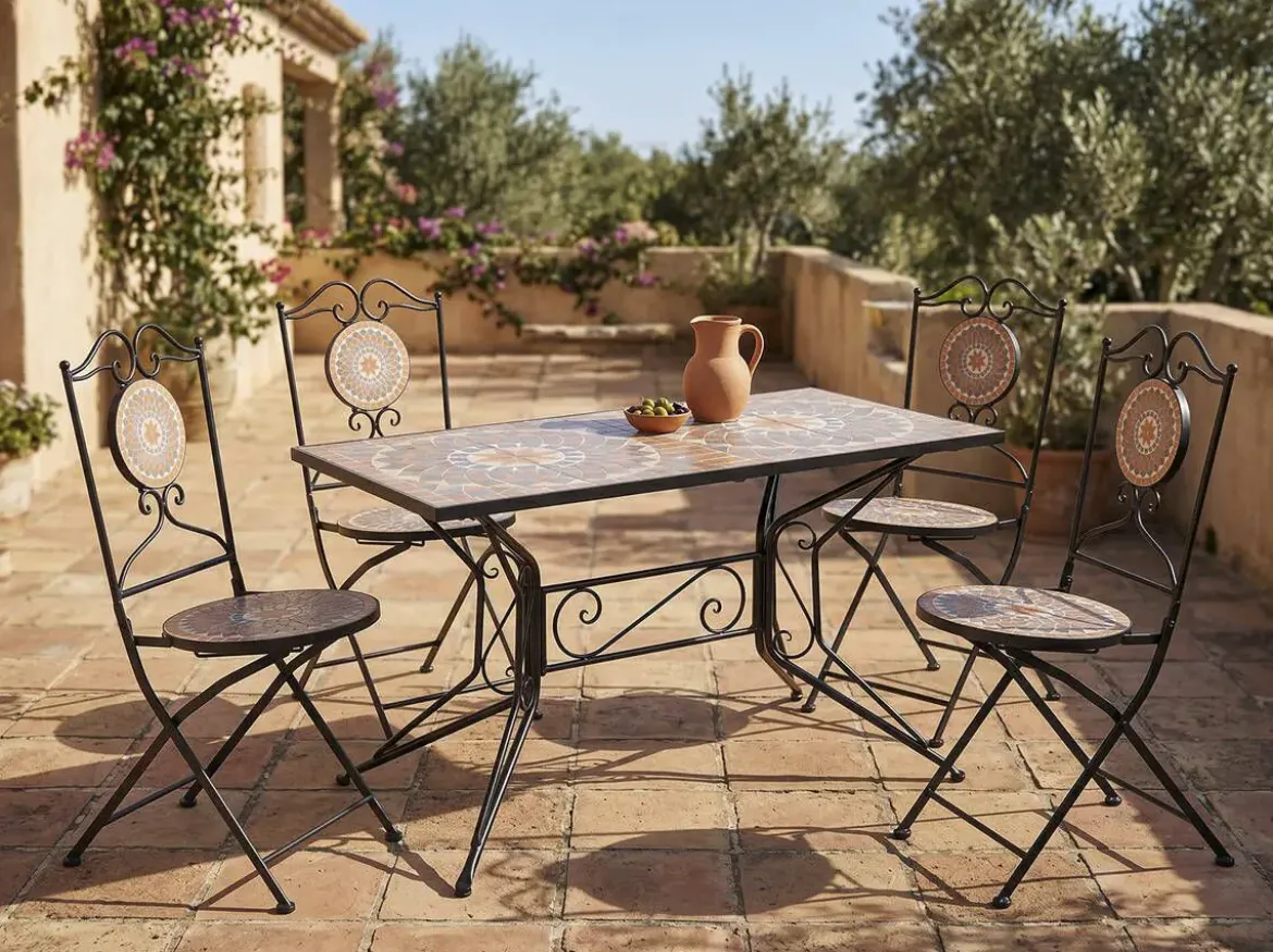Mesa de Jardín de Forja con Tablero Cerámico Mosaico MB-224509