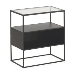 Mesa de noche metalíca negra con sobre de cristal GABAR 10944