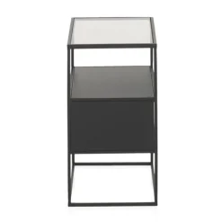 Mesa de noche metalíca negra con sobre de cristal GABAR 10944