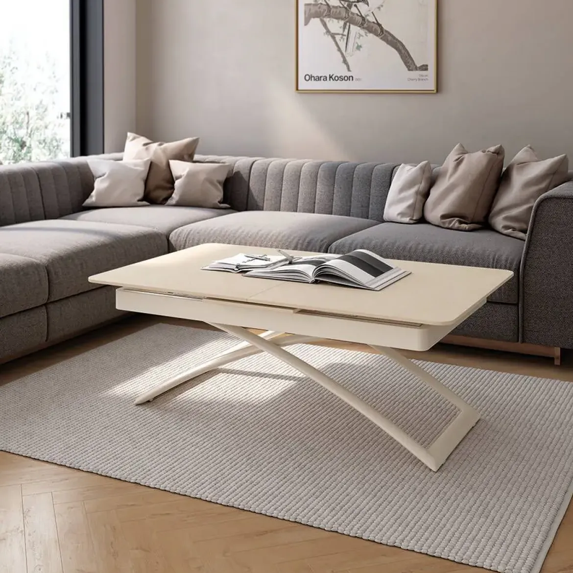 Mesa Porcelánica Elevable Extensible con Ruedas Estructura Marfil LENA