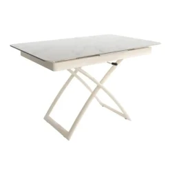 Mesa Porcelánica Elevable Extensible con Ruedas Estructura Marfil LENA