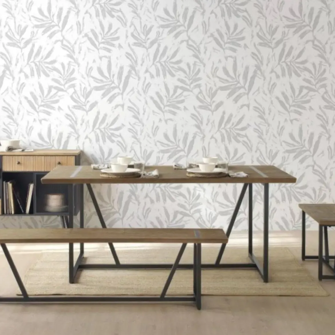 Mesa rectangular de metal con sobre de madera maciza color natural GABAR 10963