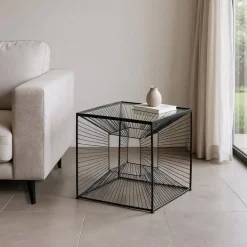 Mesita Auxiliar Negra 45 cm de Metal y Cristal Diseño Cuadrado 615016