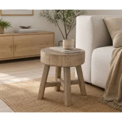 Mesita Auxiliar Redonda de Madera de Olmo Macizo Natural MB-226319