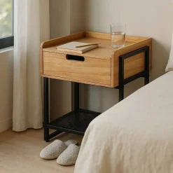 Mesita de Noche con Cajón DM Y Estructura de Metal Negro 615350