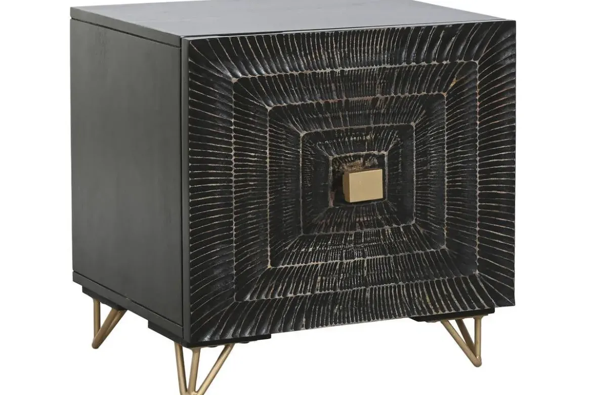 Mesita de Noche de Madera y Metal con Diseño Mandala Negra MB-219960