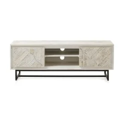 Mueble de TV de madera de mango con 2 puertas de color blanco patinado GABAR 10826