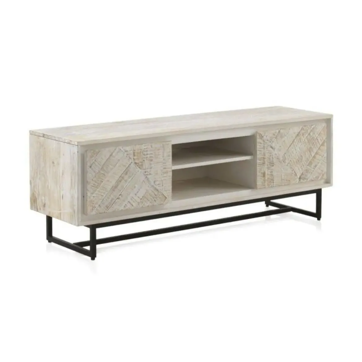 Mueble de TV de madera de mango con 2 puertas de color blanco patinado GABAR 10826