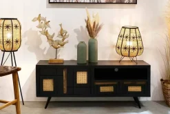 Mueble de TV Estructura de Madera de Mango y Ratán Negro MB-194539