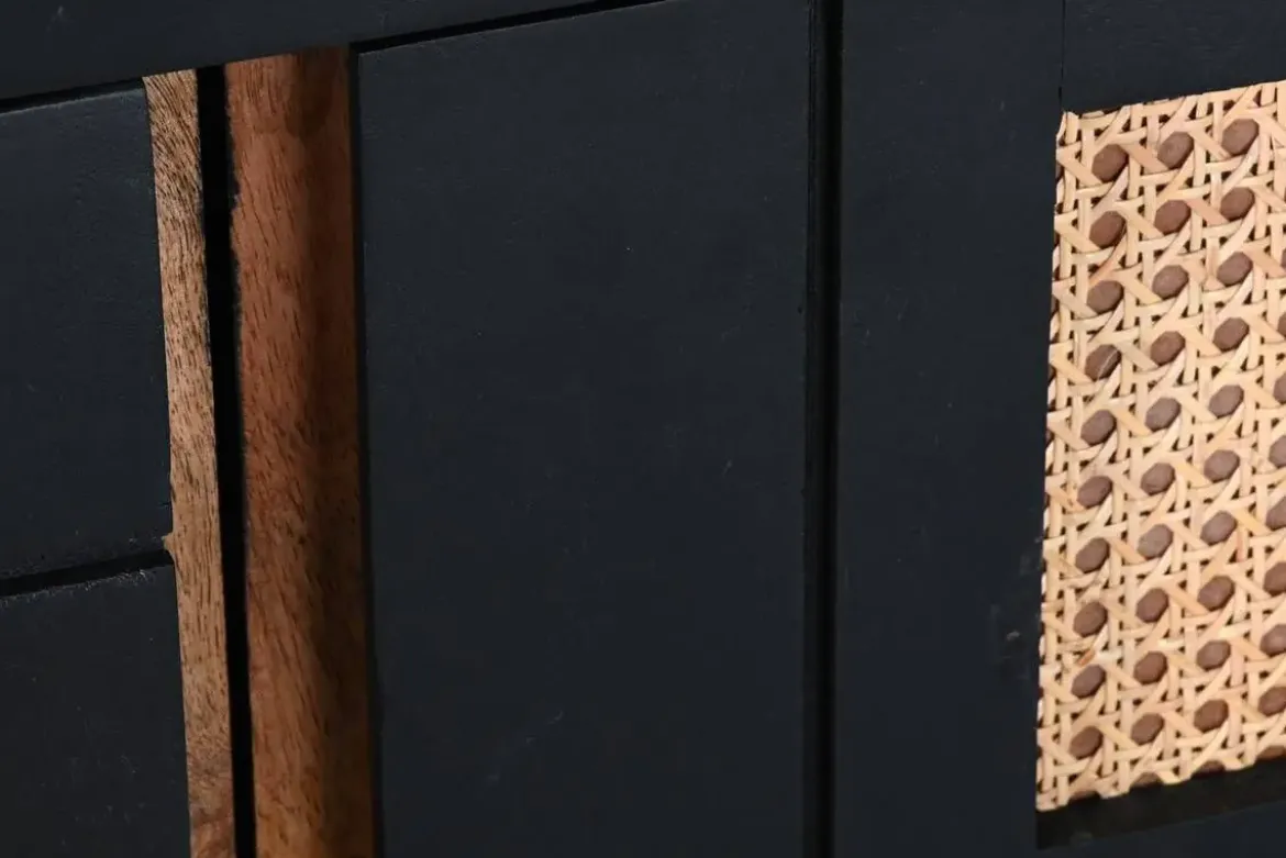 Mueble de TV Estructura de Madera de Mango y Ratán Negro MB-194539