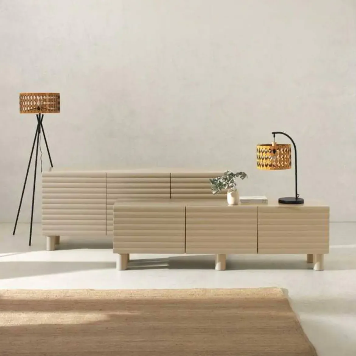 Mueble de TV MDF Beige Arena con Relieve Ondulado GABAR 11522