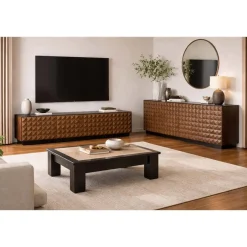 Mueble de TV Negro MDF con 4 Puertas Diseño Rombos en Relieve MB-217313