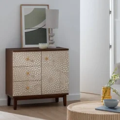 Mueble Recibidor Tallado Blanco y Marrón con 3 Cajones y 1 Puerta 80 cm 613899