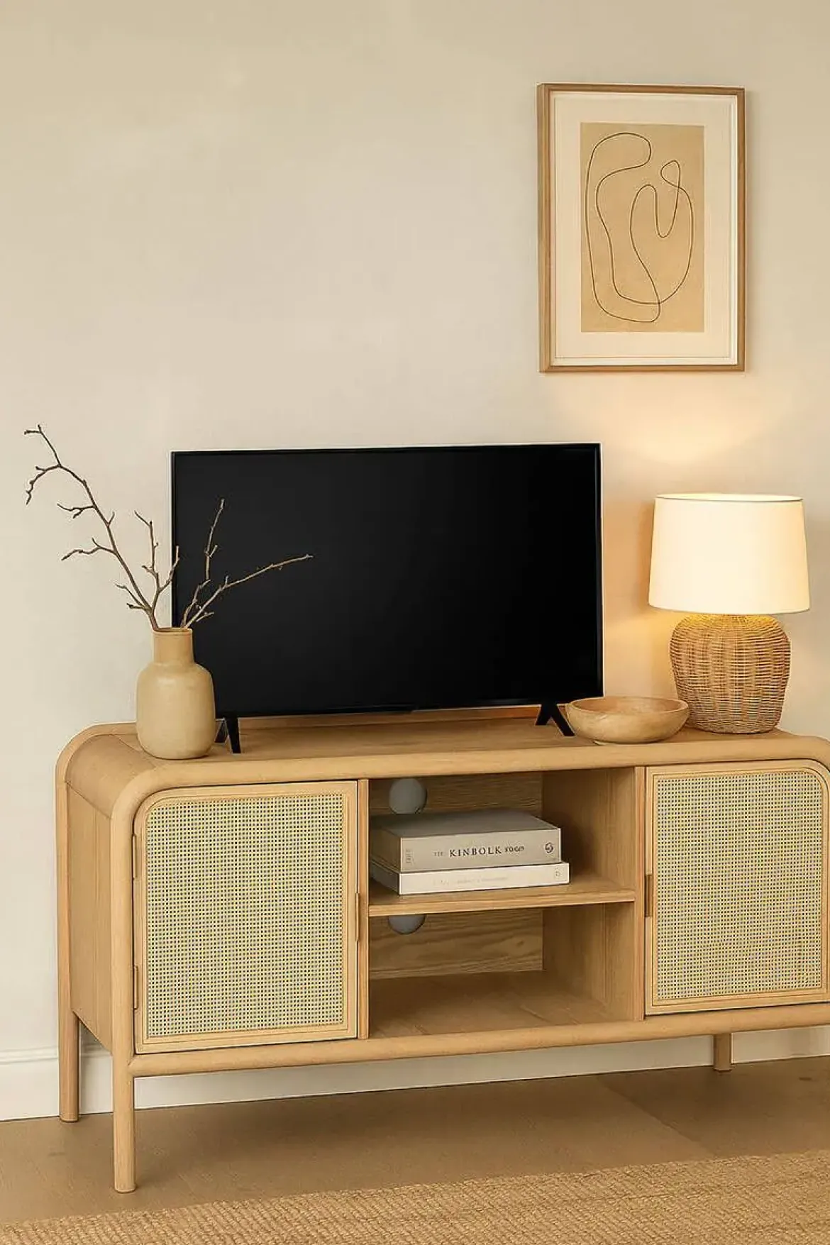 Mueble TV de Abeto y Ratán Natural con 2 Puertas MB-222240