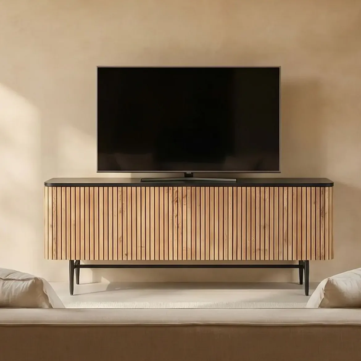 Mueble TV de Acacia con Mármol Negro y Patas de Metal MB-207417