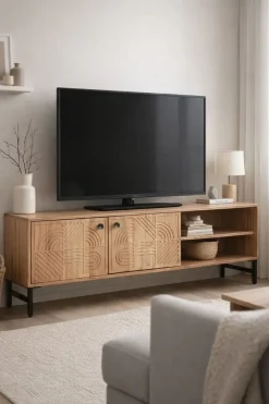 Mueble TV de Acacia Natural con Patas de Metal MB-212655