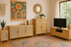 Mueble TV de Madera de Abeto y Ratán Natural 5 Cajones MB-220956