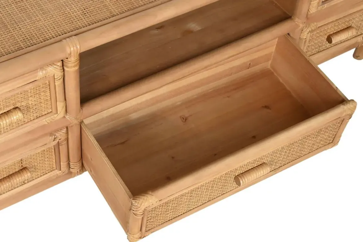 Mueble TV de Madera de Abeto y Ratán Natural 5 Cajones MB-220956