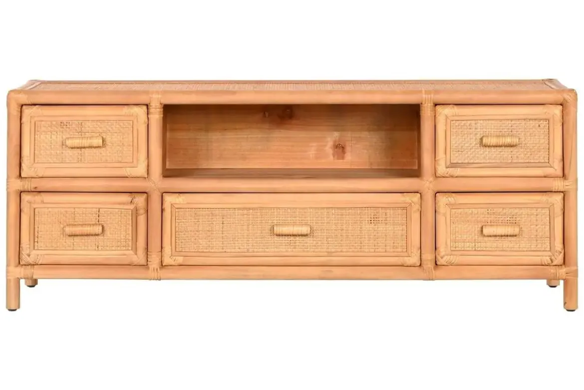 Mueble TV de Madera de Abeto y Ratán Natural 5 Cajones MB-220956