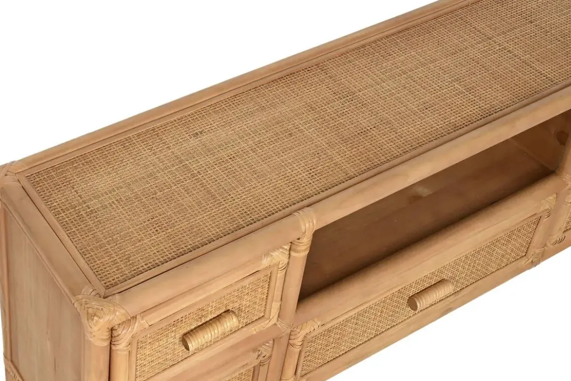Mueble TV de Madera de Abeto y Ratán Natural 5 Cajones MB-220956
