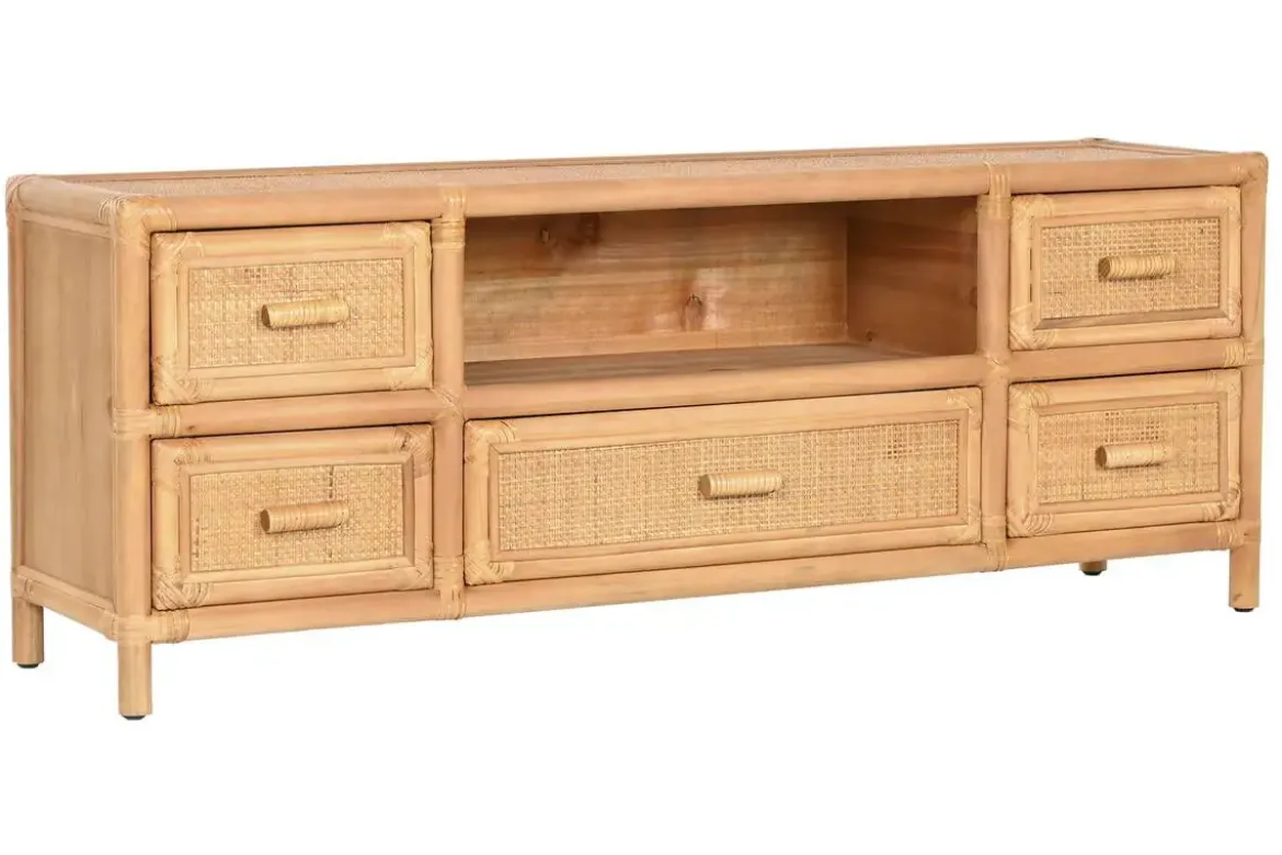 Mueble TV de Madera de Abeto y Ratán Natural 5 Cajones MB-220956
